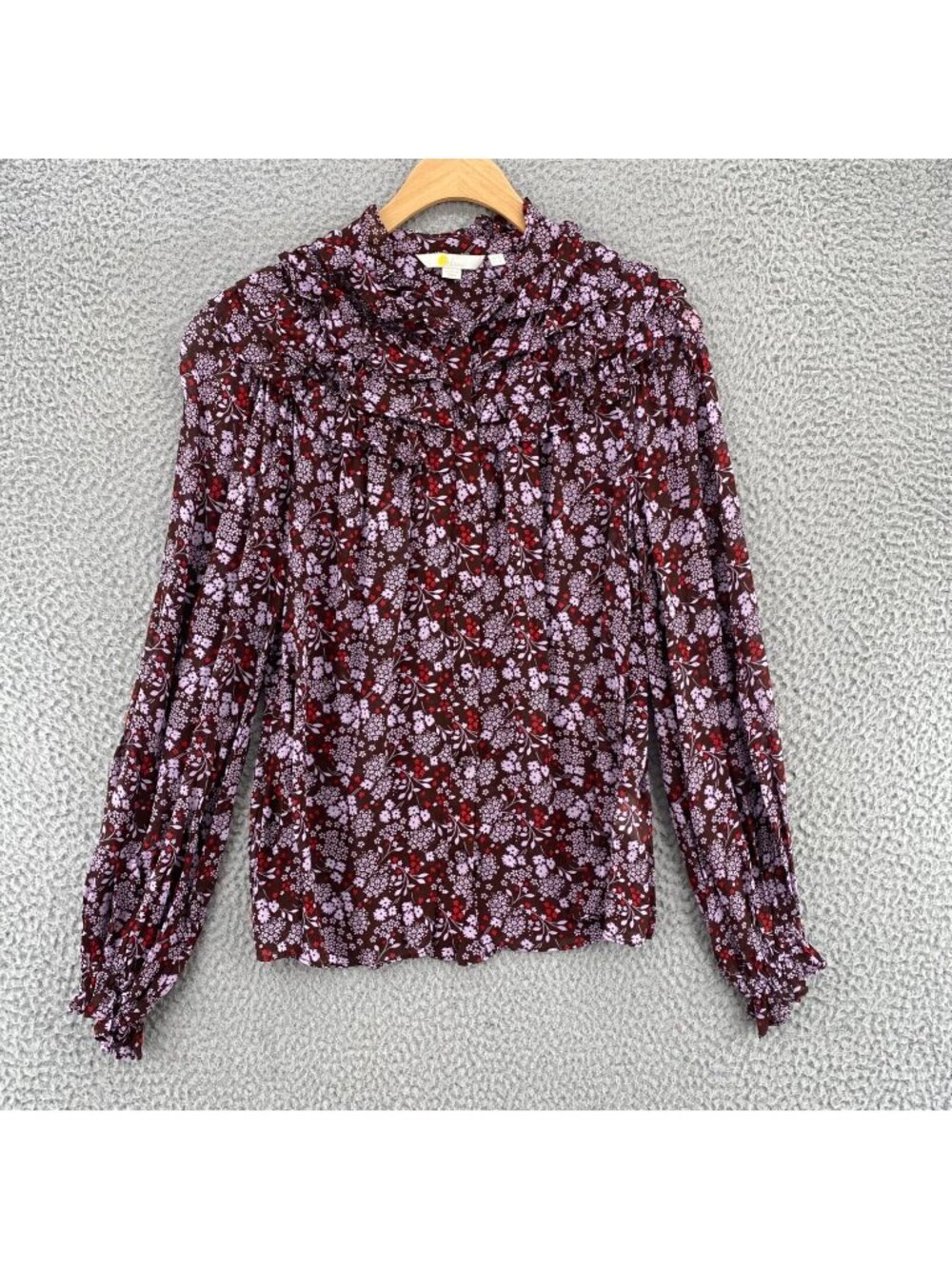 Boden Floral Ruffle Neck Blouse in Burgundy and Pink